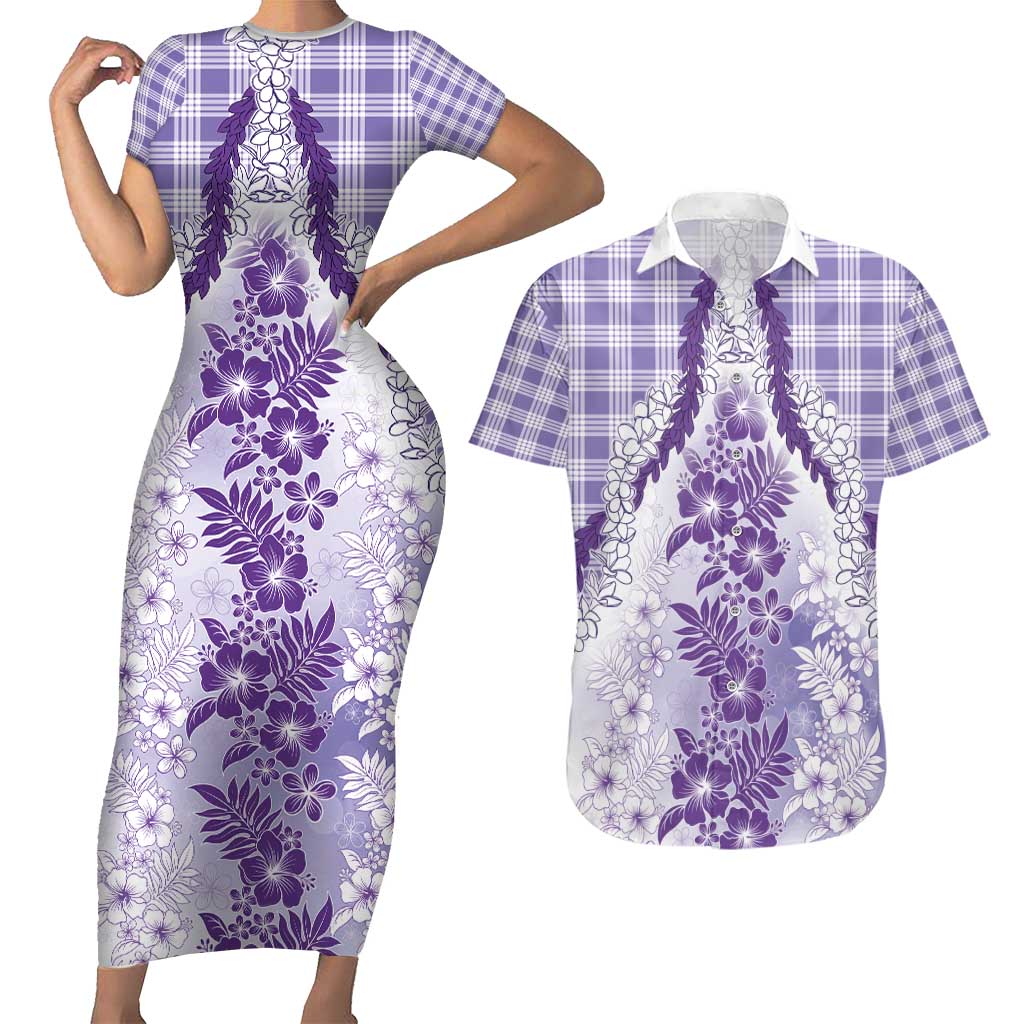 Aloha Hawaii Palaka Couples Matching Short Sleeve Bodycon Dress and Hawaiian Shirt Purple Plumeria Lei - Polynesian Pride