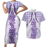 Aloha Hawaii Palaka Couples Matching Short Sleeve Bodycon Dress and Hawaiian Shirt Purple Plumeria Lei - Polynesian Pride