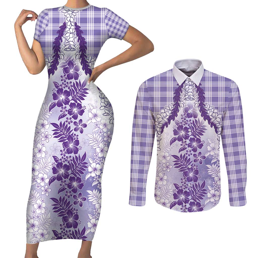 Aloha Hawaii Palaka Couples Matching Short Sleeve Bodycon Dress and Long Sleeve Button Shirt Purple Plumeria Lei - Polynesian Pride