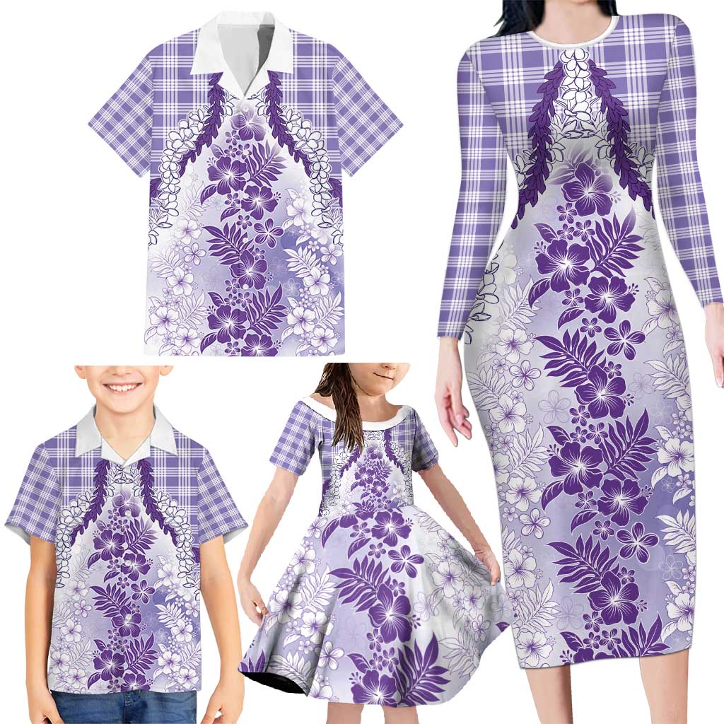 Aloha Hawaii Palaka Family Matching Long Sleeve Bodycon Dress and Hawaiian Shirt Purple Plumeria Lei - Polynesian Pride