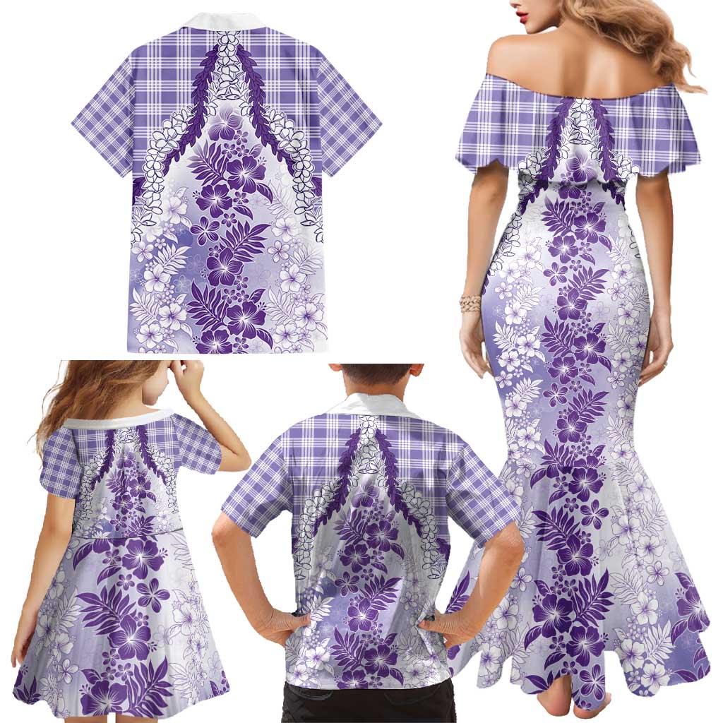 Aloha Hawaii Palaka Family Matching Mermaid Dress and Hawaiian Shirt Purple Plumeria Lei - Polynesian Pride