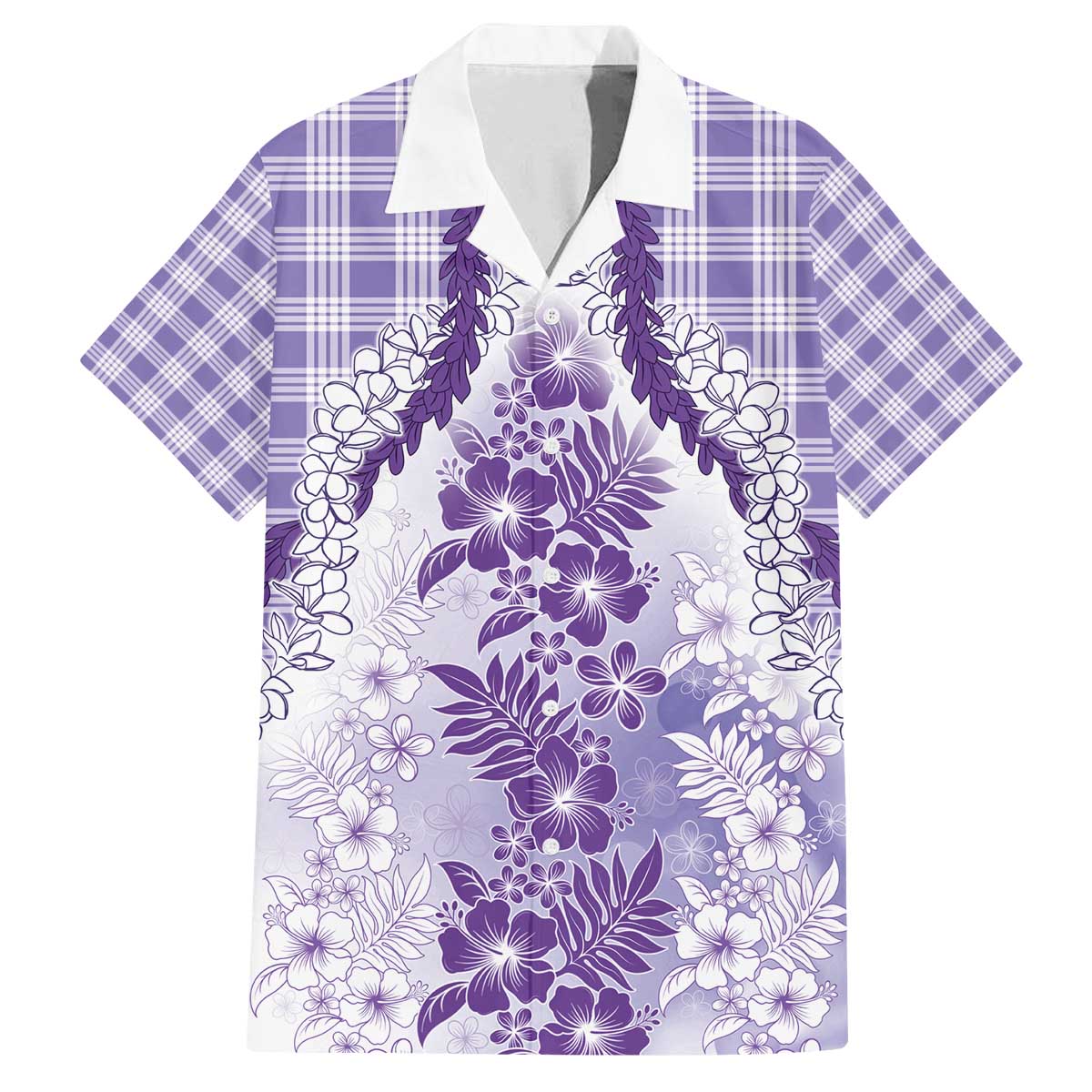 Aloha Hawaii Palaka Family Matching Off The Shoulder Long Sleeve Dress and Hawaiian Shirt Purple Plumeria Lei - Polynesian Pride