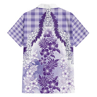 Aloha Hawaii Palaka Family Matching Off Shoulder Short Dress and Hawaiian Shirt Purple Plumeria Lei - Polynesian Pride