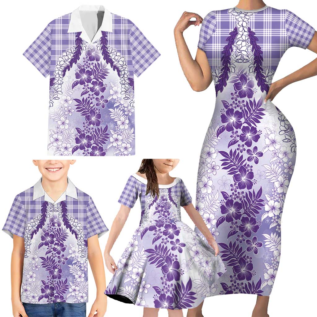 Aloha Hawaii Palaka Family Matching Short Sleeve Bodycon Dress and Hawaiian Shirt Purple Plumeria Lei - Polynesian Pride