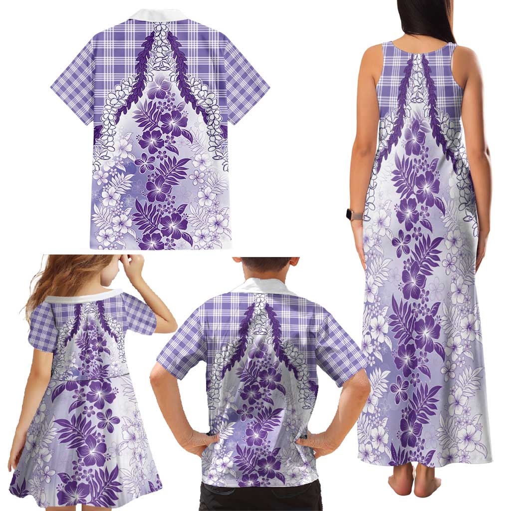 Aloha Hawaii Palaka Family Matching Tank Maxi Dress and Hawaiian Shirt Purple Plumeria Lei - Polynesian Pride