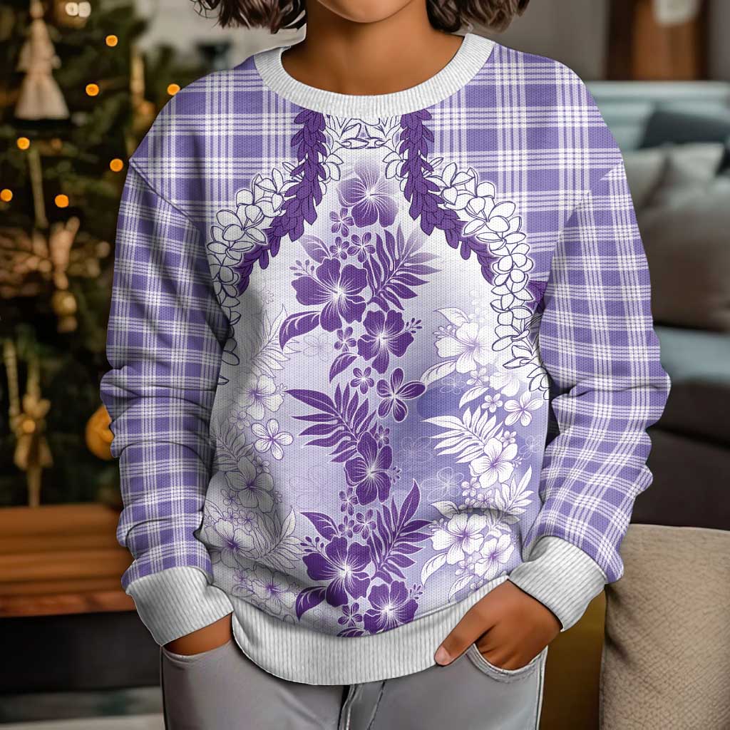 Aloha Hawaii Palaka Kid Ugly Christmas Sweater Purple Plumeria Lei - Polynesian Pride