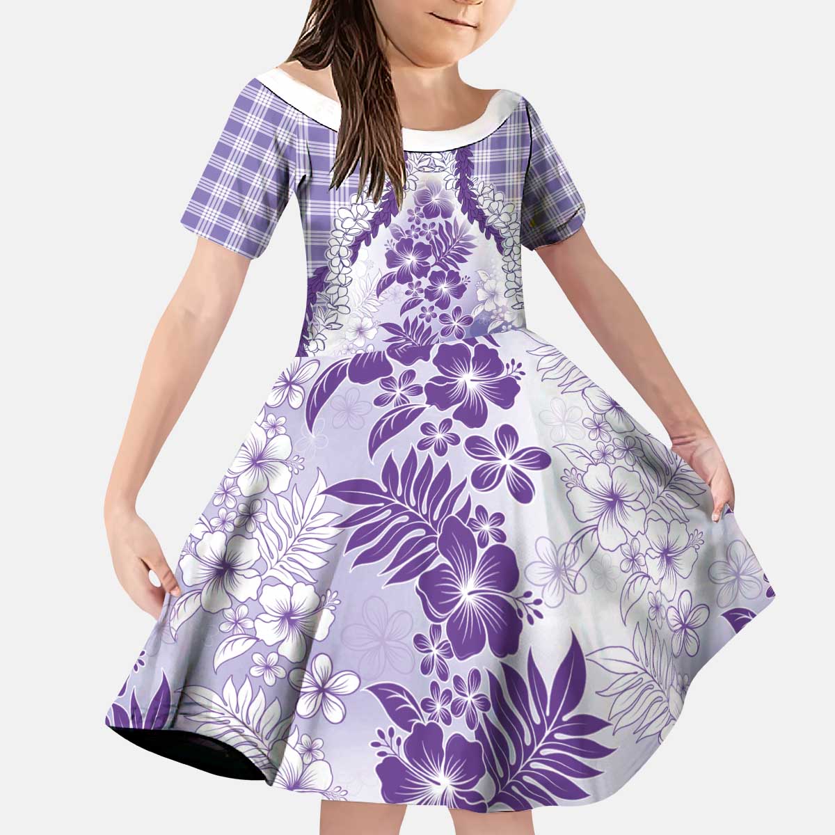 Aloha Hawaii Palaka Kid Short Sleeve Dress Purple Plumeria Lei - Polynesian Pride