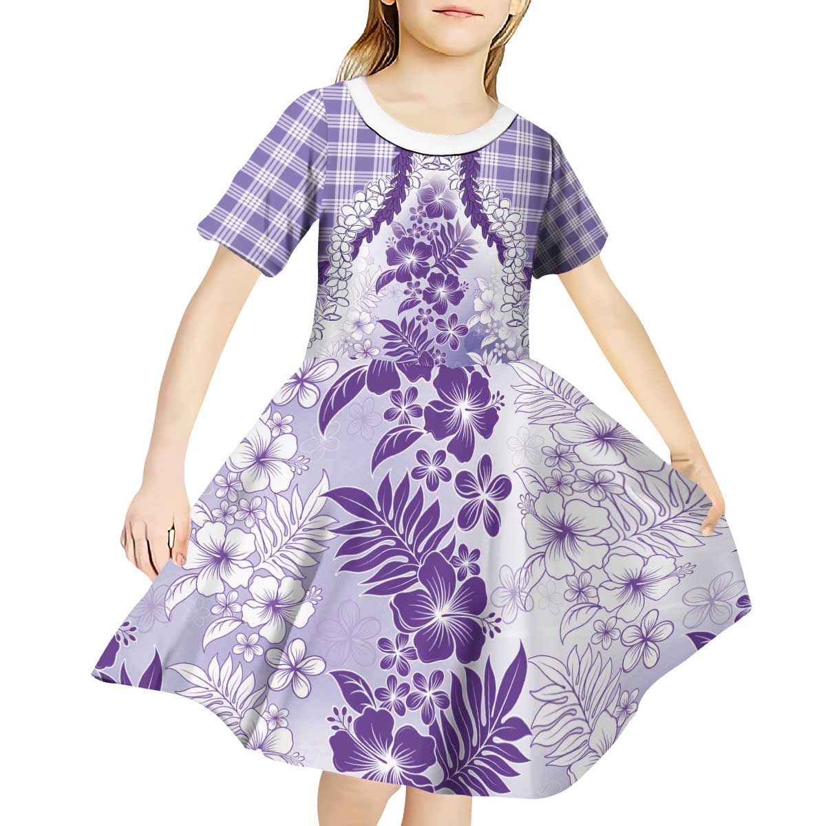 Aloha Hawaii Palaka Kid Short Sleeve Dress Purple Plumeria Lei - Polynesian Pride