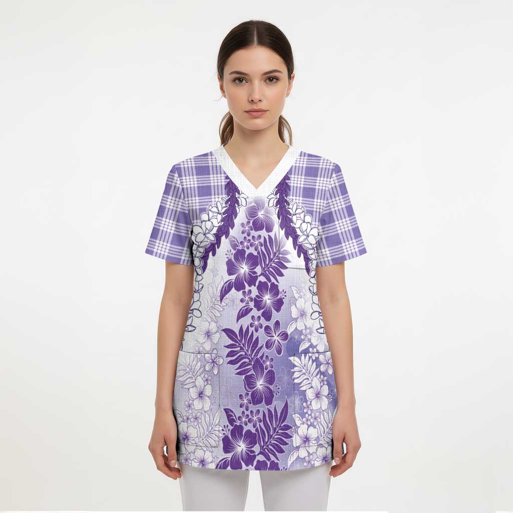 Aloha Hawaii Palaka Scrub Top Purple Plumeria Lei - Polynesian Pride