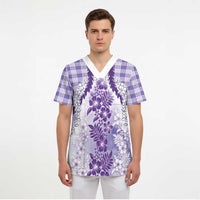 Aloha Hawaii Palaka Scrub Top Purple Plumeria Lei - Polynesian Pride