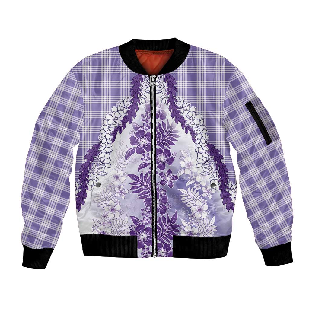 Aloha Hawaii Palaka Sleeve Zip Bomber Jacket Purple Plumeria Lei - Polynesian Pride