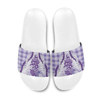 Aloha Hawaii Palaka Slide Sandals Purple Plumeria Lei - Polynesian Pride