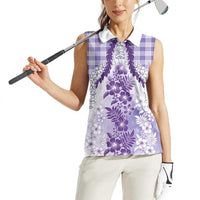 Aloha Hawaii Palaka Women Sleeveless Polo Shirt Purple Plumeria Lei - Polynesian Pride