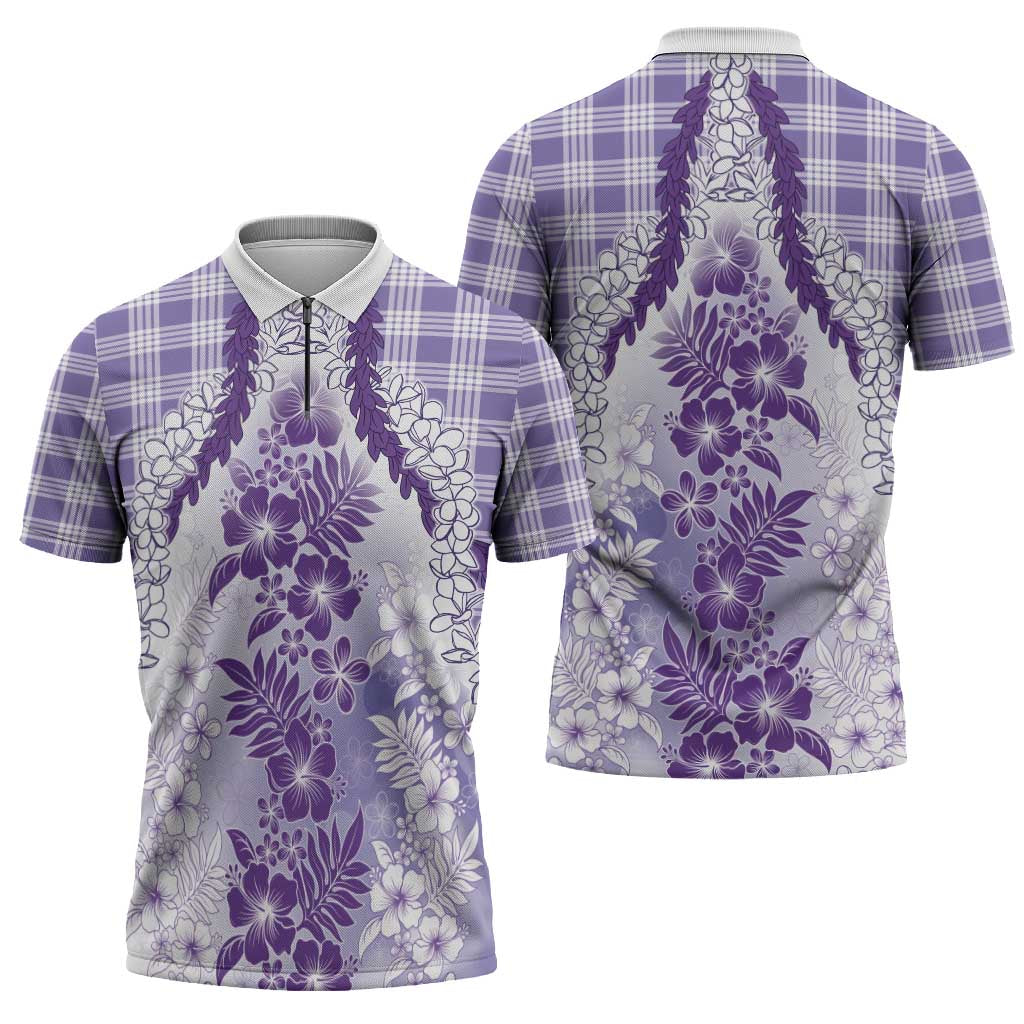 Aloha Hawaii Palaka Zipper Polo Shirt Purple Plumeria Lei - Polynesian Pride