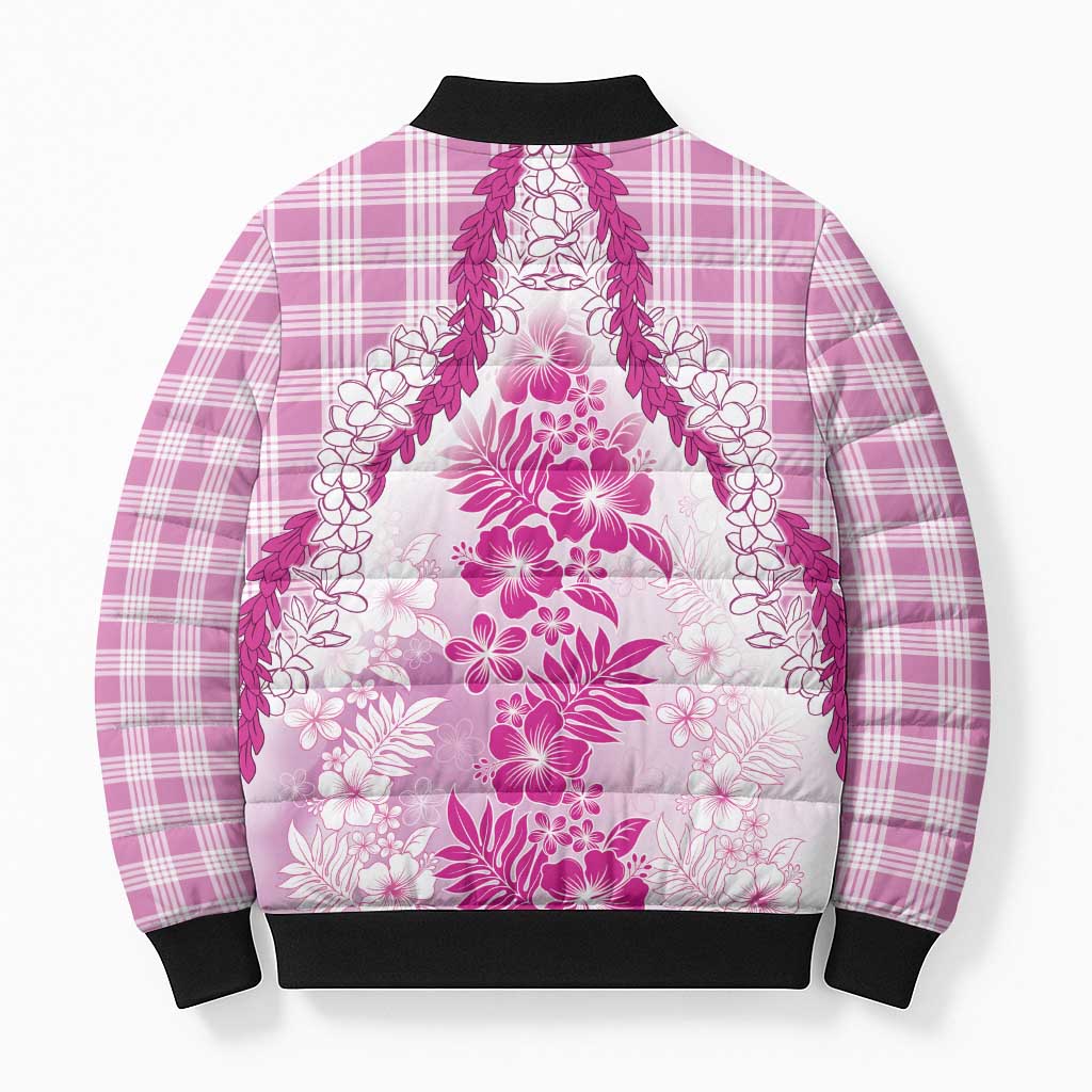 Aloha Hawaii Palaka Bomber Puffer Jacket Pink Plumeria Lei - Polynesian Pride