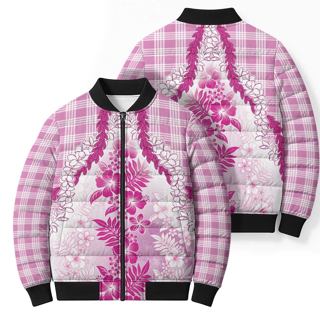 Aloha Hawaii Palaka Bomber Puffer Jacket Pink Plumeria Lei - Polynesian Pride