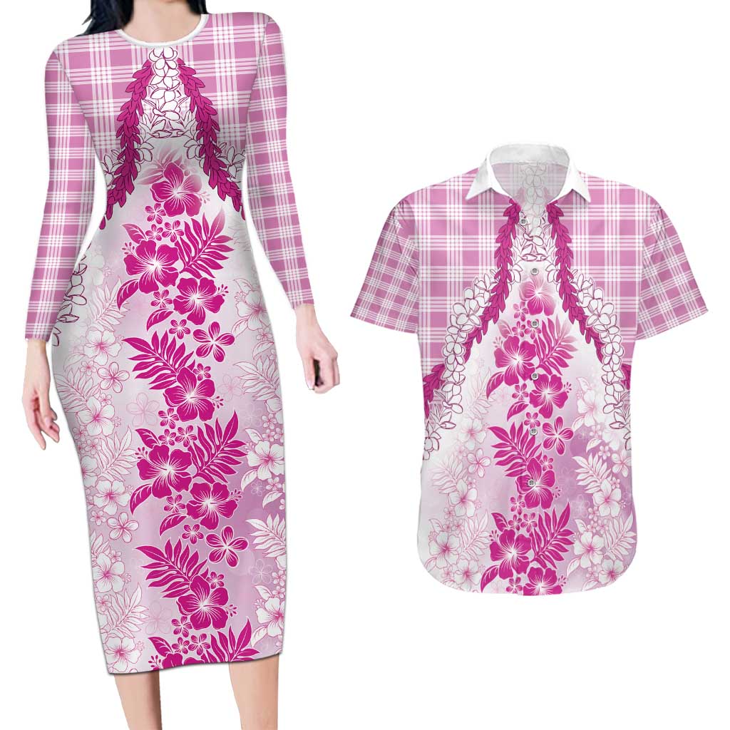 Aloha Hawaii Palaka Couples Matching Long Sleeve Bodycon Dress and Hawaiian Shirt Pink Plumeria Lei - Polynesian Pride