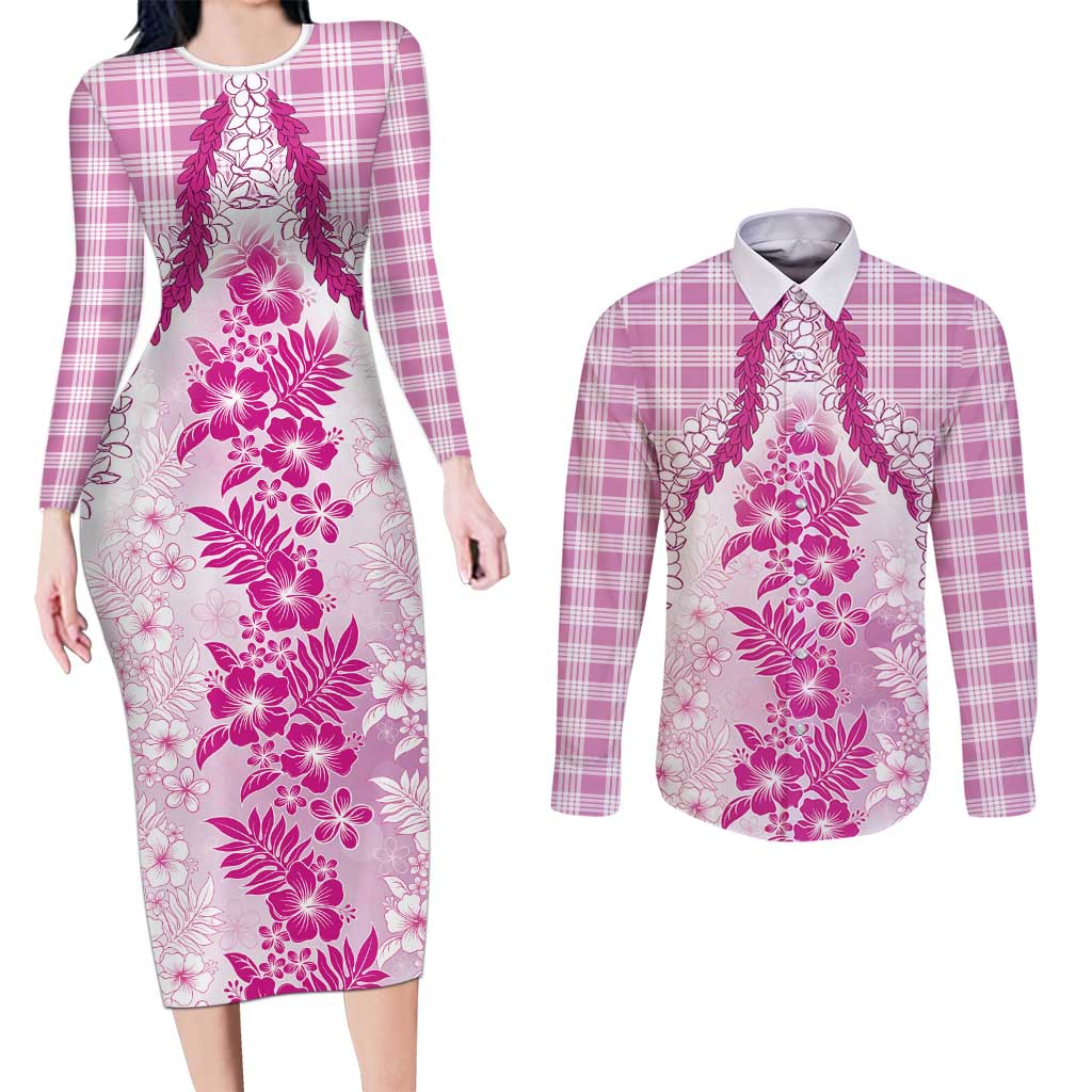 Aloha Hawaii Palaka Couples Matching Long Sleeve Bodycon Dress and Long Sleeve Button Shirt Pink Plumeria Lei - Polynesian Pride