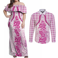 Aloha Hawaii Palaka Couples Matching Off Shoulder Maxi Dress and Long Sleeve Button Shirt Pink Plumeria Lei - Polynesian Pride