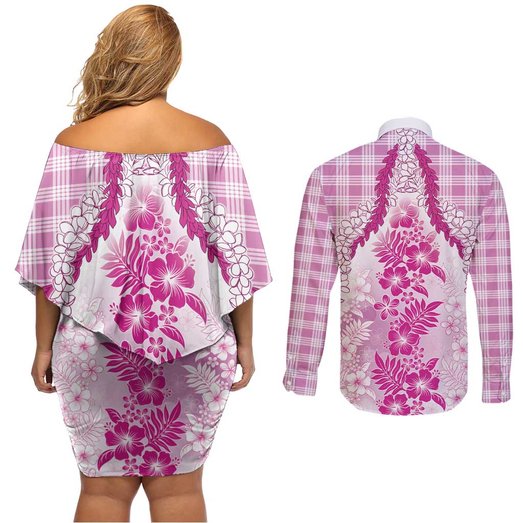 Aloha Hawaii Palaka Couples Matching Off Shoulder Short Dress and Long Sleeve Button Shirt Pink Plumeria Lei - Polynesian Pride