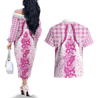 Aloha Hawaii Palaka Couples Matching Off The Shoulder Long Sleeve Dress and Hawaiian Shirt Pink Plumeria Lei - Polynesian Pride