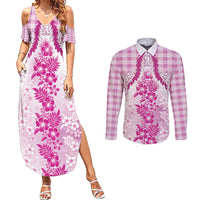 Aloha Hawaii Palaka Couples Matching Summer Maxi Dress and Long Sleeve Button Shirt Pink Plumeria Lei - Polynesian Pride