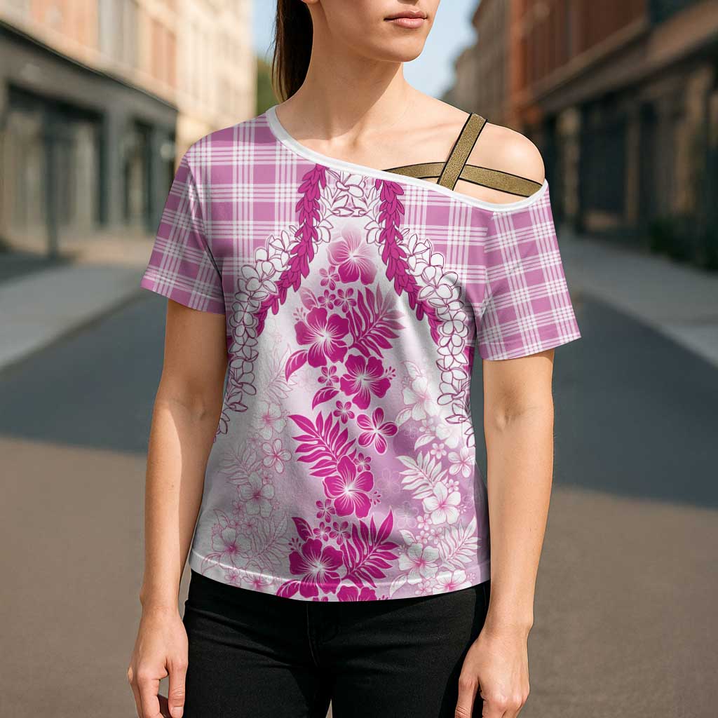 Aloha Hawaii Palaka Cross Shoulder Shirt Pink Plumeria Lei - Polynesian Pride