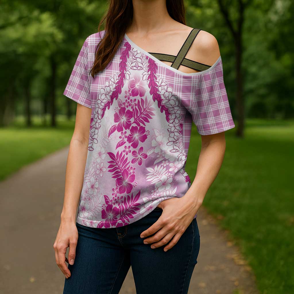 Aloha Hawaii Palaka Cross Shoulder Shirt Pink Plumeria Lei - Polynesian Pride