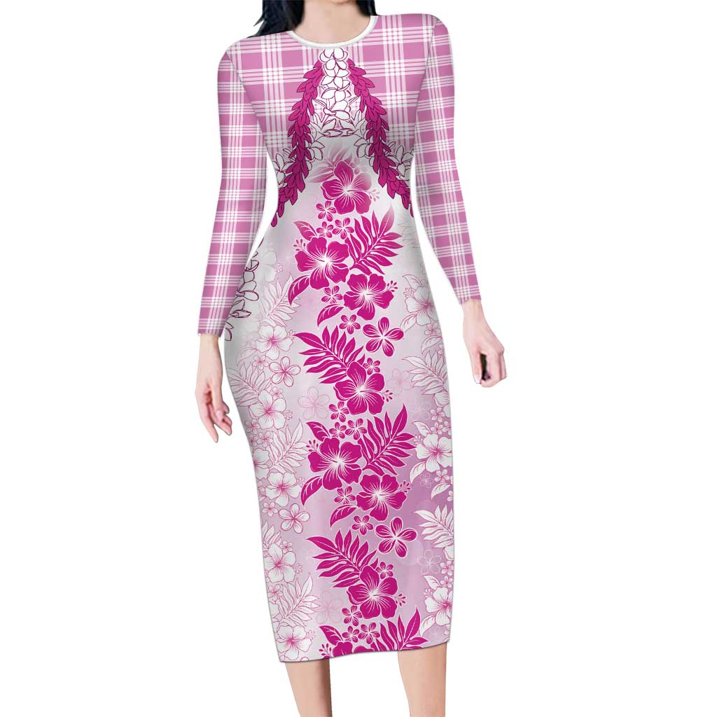 Aloha Hawaii Palaka Family Matching Long Sleeve Bodycon Dress and Hawaiian Shirt Pink Plumeria Lei - Polynesian Pride