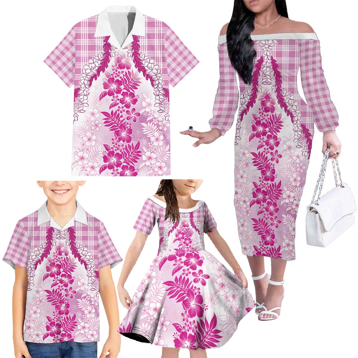 Aloha Hawaii Palaka Family Matching Off The Shoulder Long Sleeve Dress and Hawaiian Shirt Pink Plumeria Lei - Polynesian Pride