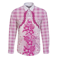 Aloha Hawaii Palaka Family Matching Off The Shoulder Long Sleeve Dress and Hawaiian Shirt Pink Plumeria Lei - Polynesian Pride