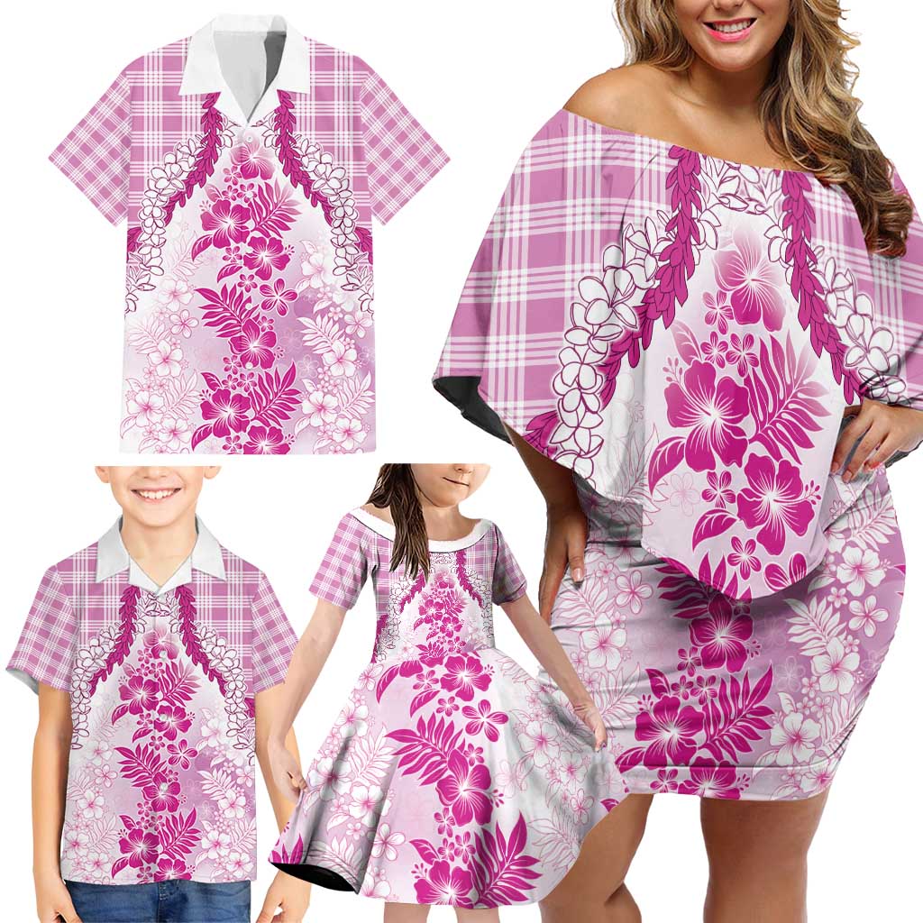 Aloha Hawaii Palaka Family Matching Off Shoulder Short Dress and Hawaiian Shirt Pink Plumeria Lei - Polynesian Pride