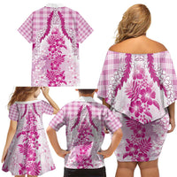 Aloha Hawaii Palaka Family Matching Off Shoulder Short Dress and Hawaiian Shirt Pink Plumeria Lei - Polynesian Pride