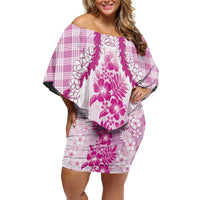 Aloha Hawaii Palaka Family Matching Off Shoulder Short Dress and Hawaiian Shirt Pink Plumeria Lei - Polynesian Pride