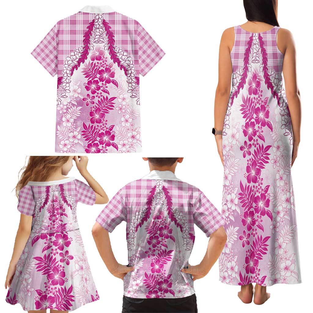 Aloha Hawaii Palaka Family Matching Tank Maxi Dress and Hawaiian Shirt Pink Plumeria Lei - Polynesian Pride
