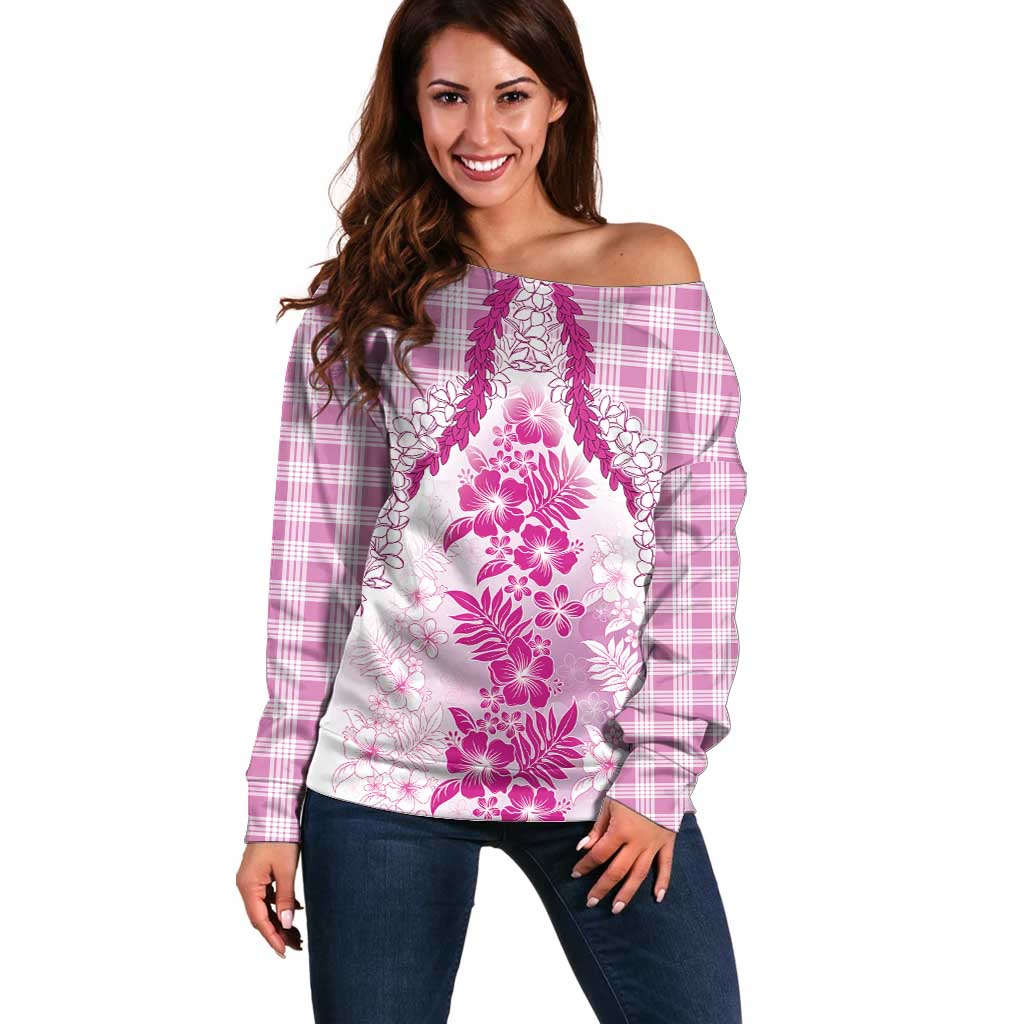 Aloha Hawaii Palaka Off Shoulder Sweater Pink Plumeria Lei - Polynesian Pride