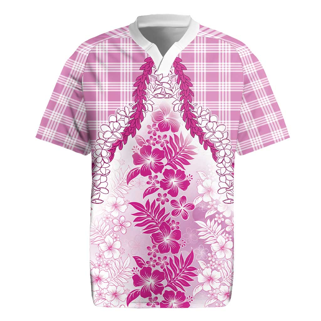 Aloha Hawaii Palaka Rugby Jersey Pink Plumeria Lei - Polynesian Pride