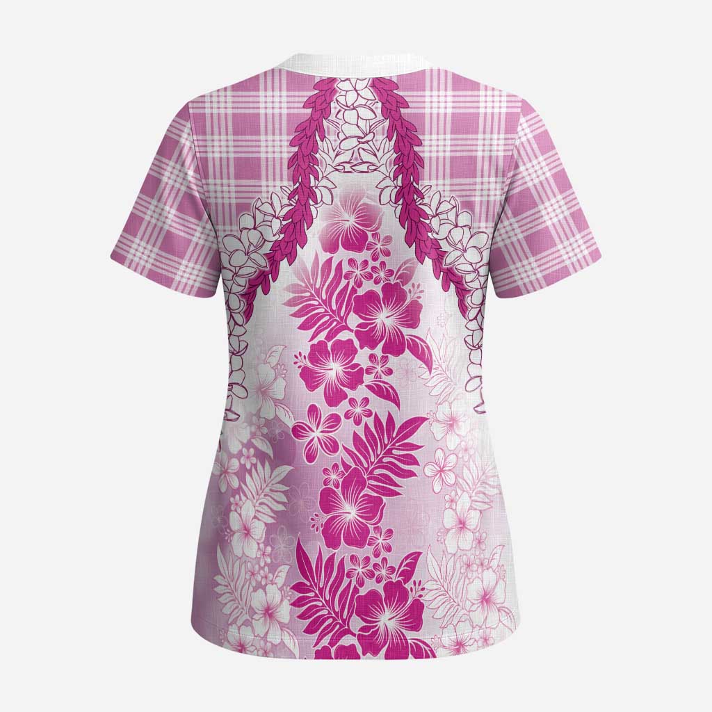 Aloha Hawaii Palaka Scrub Top Pink Plumeria Lei - Polynesian Pride