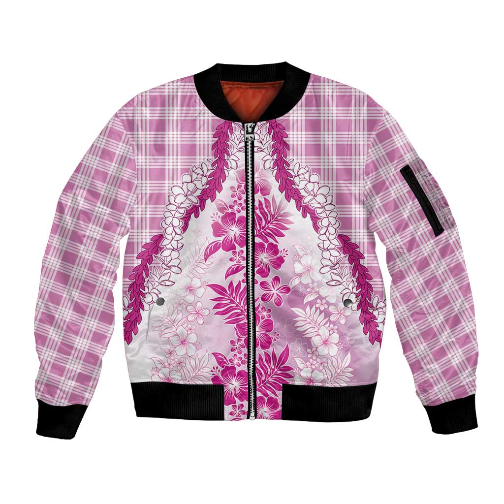 Aloha Hawaii Palaka Sleeve Zip Bomber Jacket Pink Plumeria Lei - Polynesian Pride