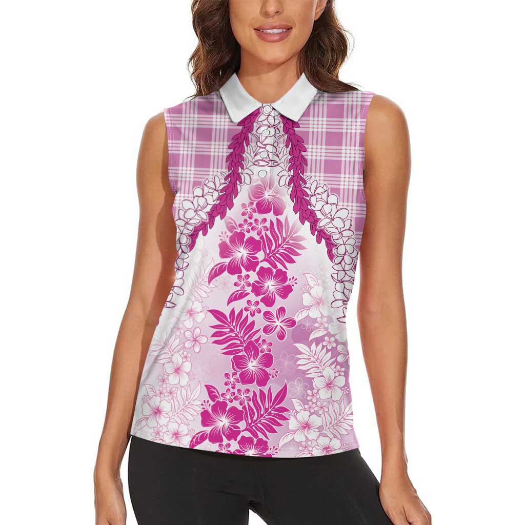 Aloha Hawaii Palaka Women Sleeveless Polo Shirt Pink Plumeria Lei - Polynesian Pride