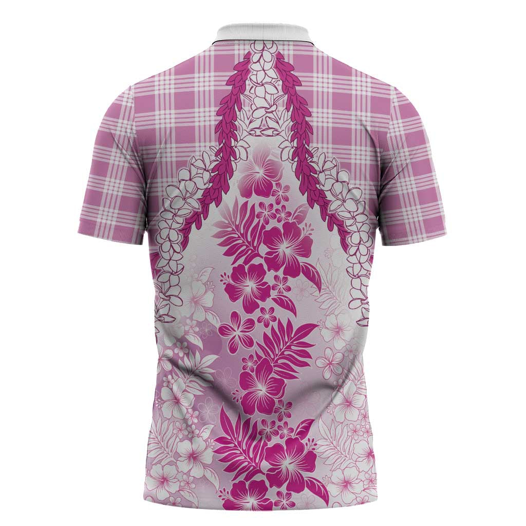 Aloha Hawaii Palaka Zipper Polo Shirt Pink Plumeria Lei - Polynesian Pride