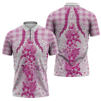 Aloha Hawaii Palaka Zipper Polo Shirt Pink Plumeria Lei - Polynesian Pride
