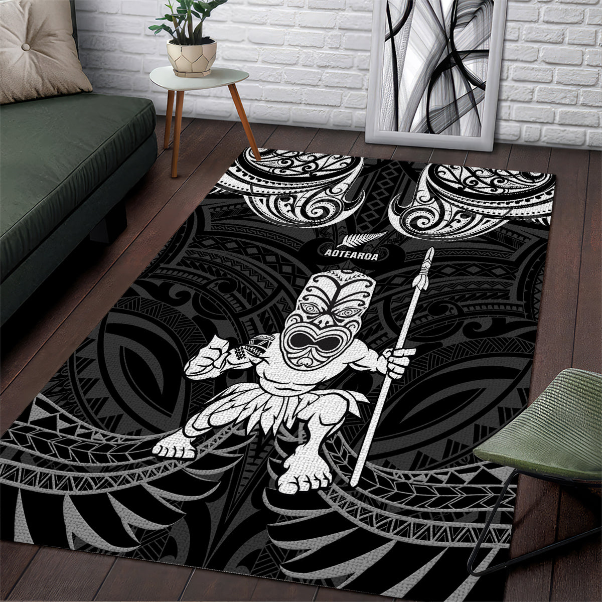New Zealand Maori Taiaha Area Rug Tiki Warrior Black LT05 Black - Polynesian Pride