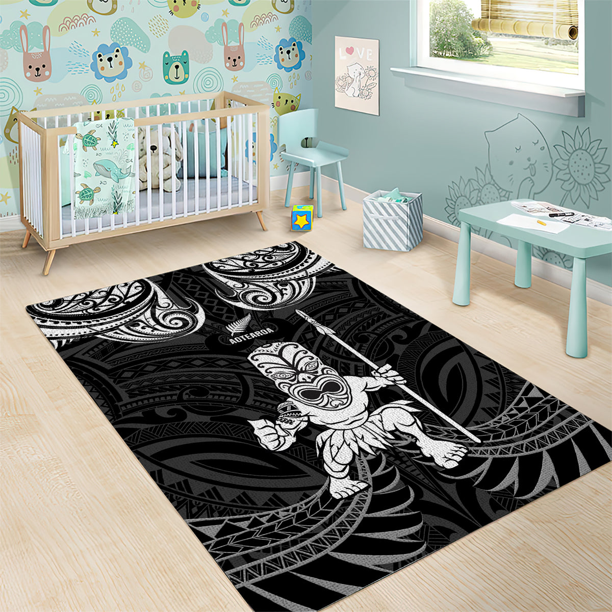 New Zealand Maori Taiaha Area Rug Tiki Warrior Black LT05 - Polynesian Pride