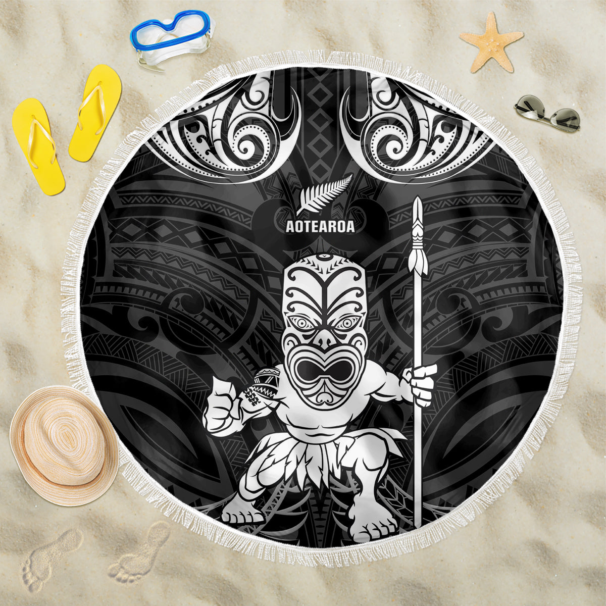 New Zealand Maori Taiaha Beach Blanket Tiki Warrior Black LT05 One Size 150cm Black - Polynesian Pride