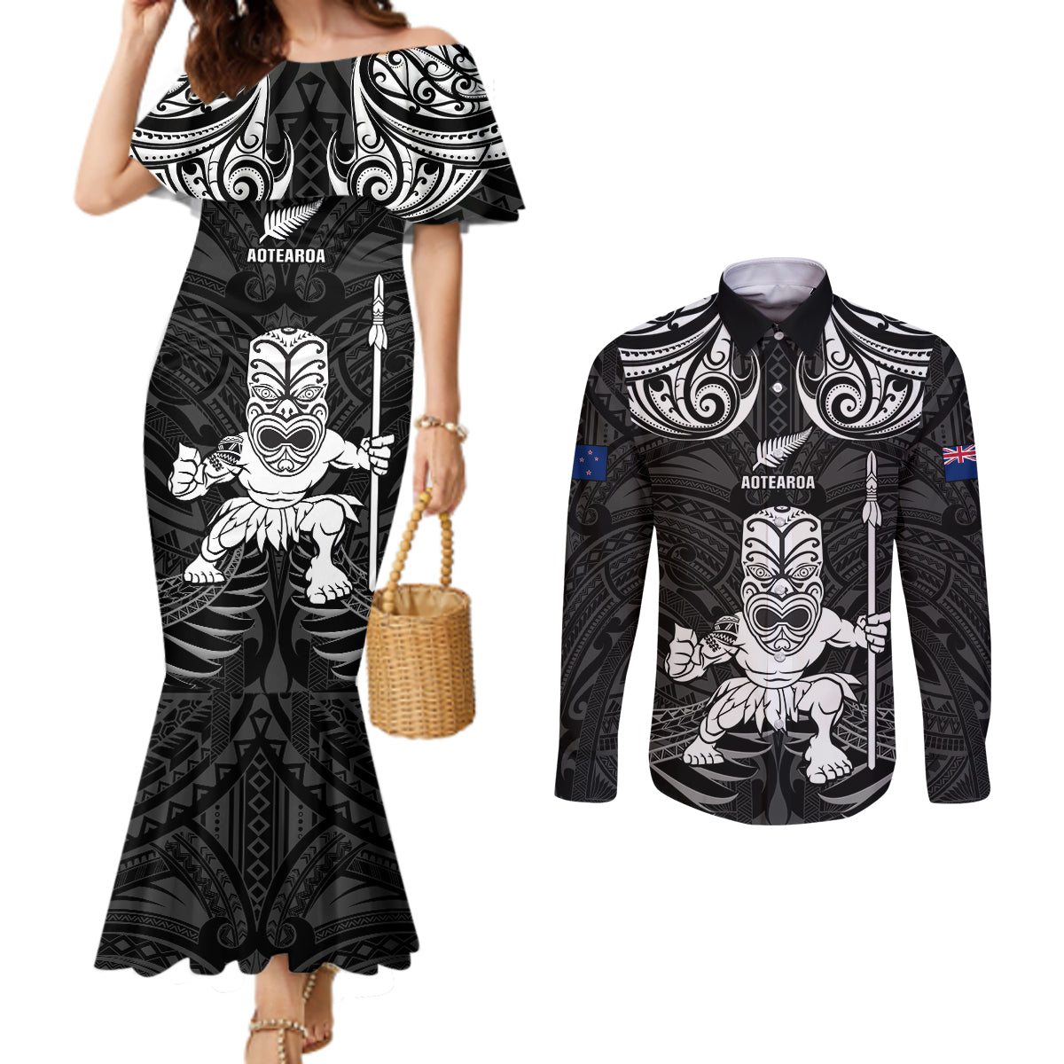 Custom New Zealand Maori Taiaha Couples Matching Mermaid Dress and Long Sleeve Button Shirt Tiki Warrior Black LT05 Black - Polynesian Pride