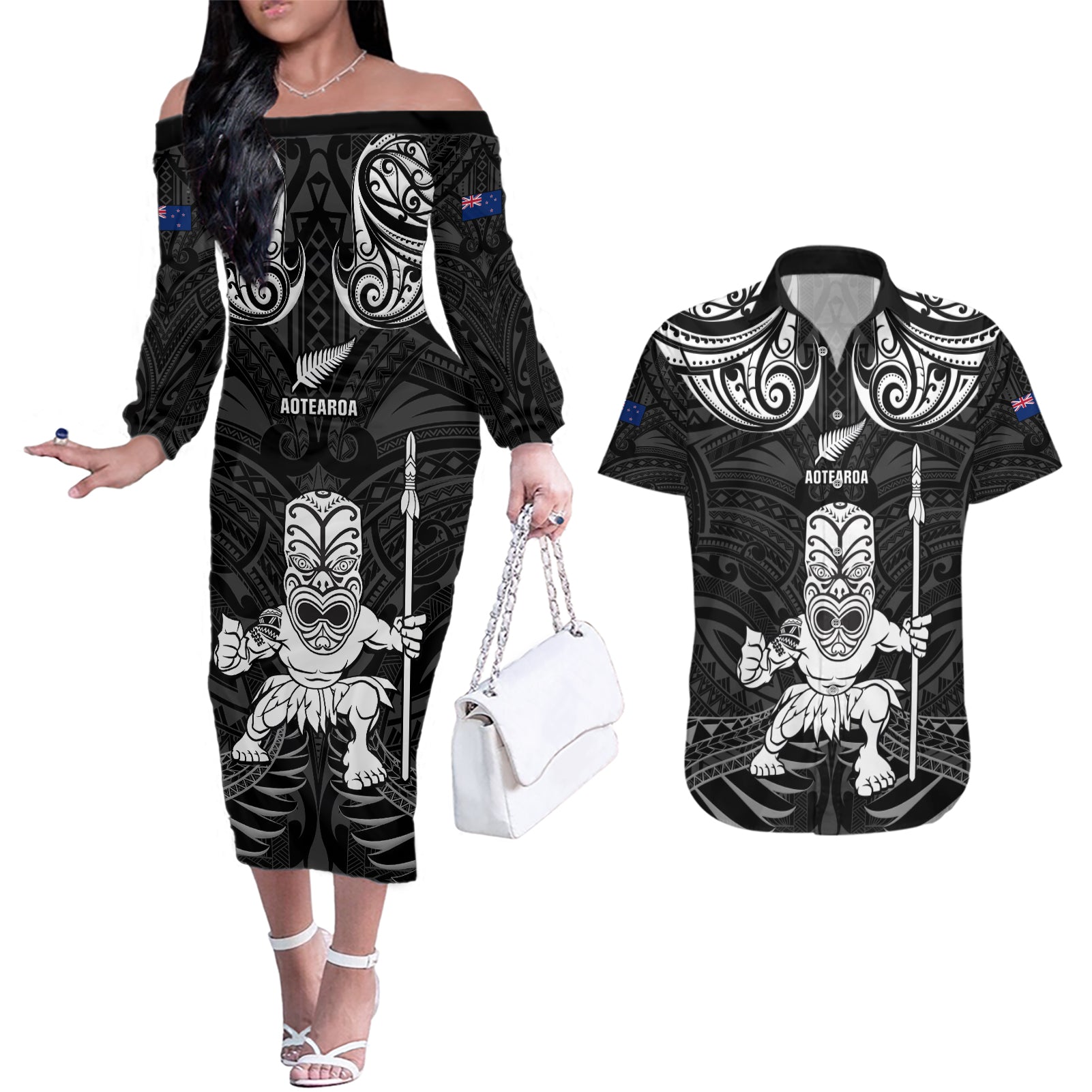 Custom New Zealand Maori Taiaha Couples Matching Off The Shoulder Long Sleeve Dress and Hawaiian Shirt Tiki Warrior Black LT05 Black - Polynesian Pride