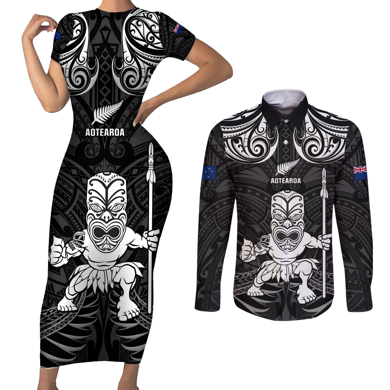 Custom New Zealand Maori Taiaha Couples Matching Short Sleeve Bodycon Dress and Long Sleeve Button Shirt Tiki Warrior Black LT05 Black - Polynesian Pride