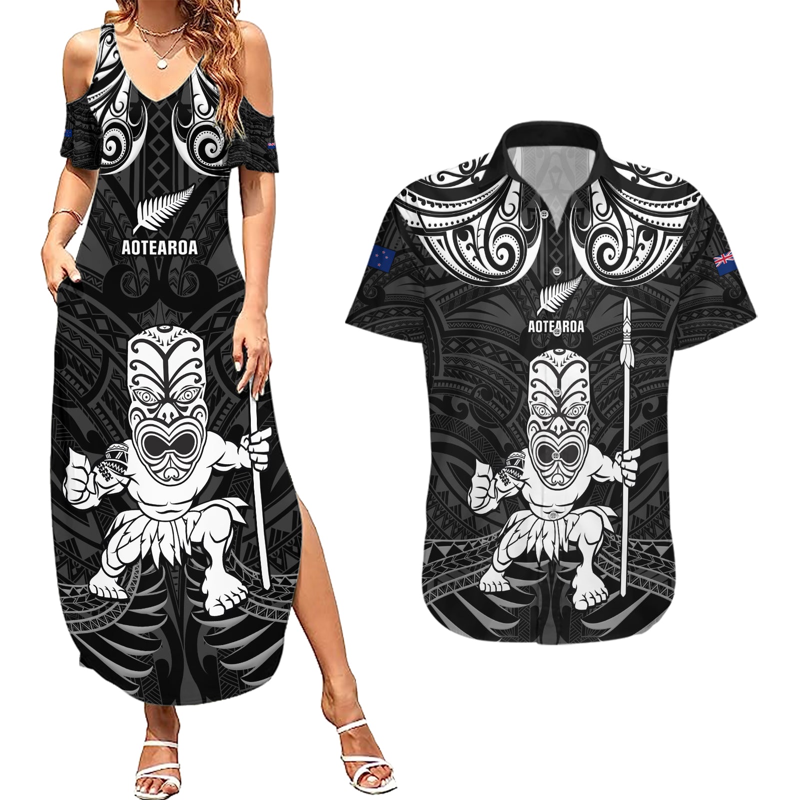 Custom New Zealand Maori Taiaha Couples Matching Summer Maxi Dress and Hawaiian Shirt Tiki Warrior Black LT05 Black - Polynesian Pride