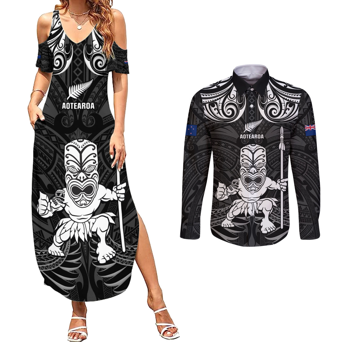 Custom New Zealand Maori Taiaha Couples Matching Summer Maxi Dress and Long Sleeve Button Shirt Tiki Warrior Black LT05 Black - Polynesian Pride